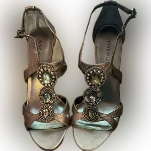 nine west silver strappy heels with jewel accents